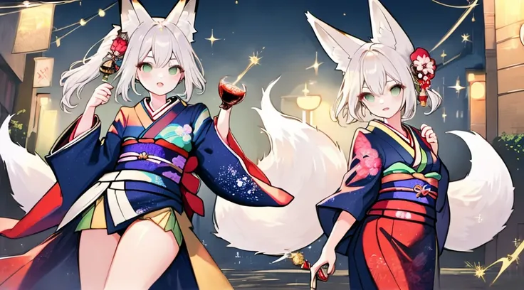 best qualtiy, A high resolution, beautiful sexy woman,kimono, Sparkle, Fantastical, fox