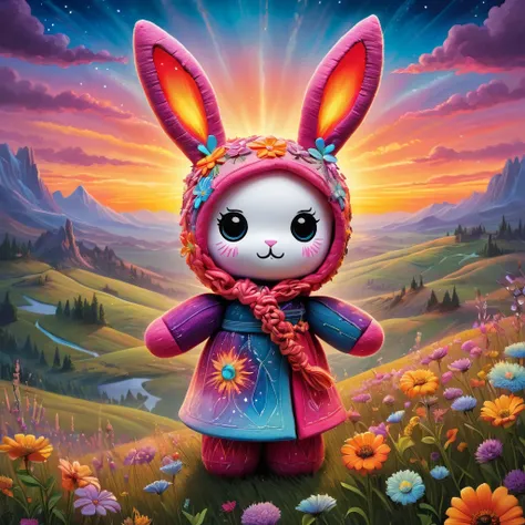 (knitted toy voodoo doll:1.9), (Voodoo rabbit:1.3), (Clothing: robes of sunrise hues and ethereal morning mists, adorned with dewdrops and shimmering auroras:1.5), (Accessories: staff glowing with the first light of dawn, amulet of dawns awakening, mask re...