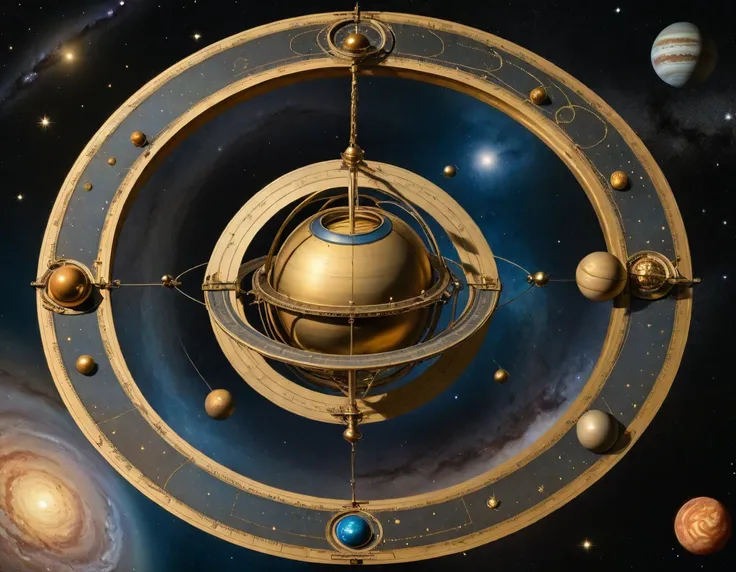 The image portrays a large, intricate celestial orrery suspended in space above a planet’s surface. Its concentric rings feature detailed engravings and inscriptions, possibly denoting measurements or astrological symbols. At the center, a complex spherica...