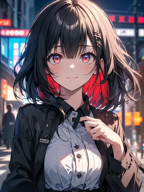 (masterpiece, highest quality, highest quality, (No text), Beautiful and aesthetic:1.2),No text,アニメ、 high resolution　BREAK,One Girl，Short black hair　Tree Eyes　Beautiful eyes　Red eyes　Cool girl　cool　smile　Red and black coat　mini skirt　Whole body　Detailed ey...