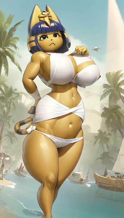 breathtaking cinematic scene, hero view, ankha, animal crossing bandages, white bikini, tail, action pose, nature, detailed back...