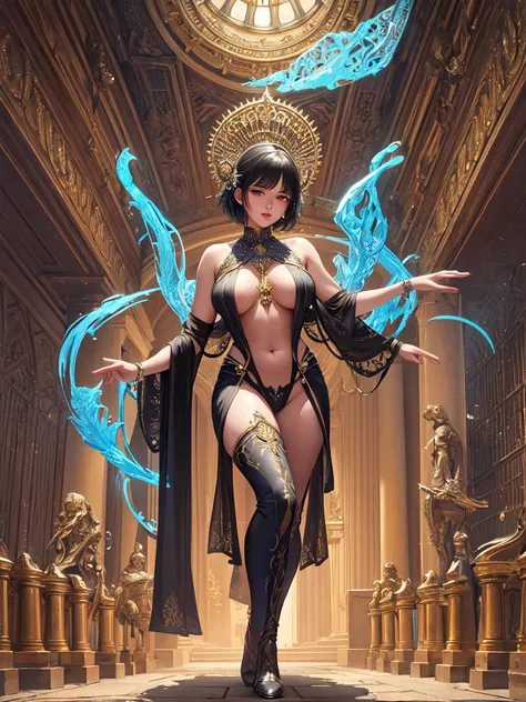 (masterpiece, top quality, best quality, official art, beautiful and aesthetic:1.2), (1girl), silky black short hair, voluptuous, fully naked, beautiful shoulders, beautiful breast, beautiful nipples, beautiful navel, beautiful hips, beautiful mons pubis, ...