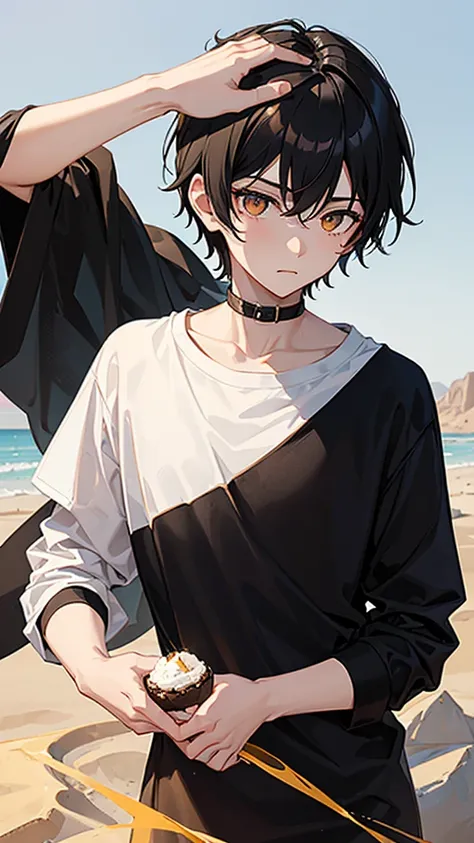 Boy with black hair and golden eyes dressed in black clothes and a white t-shirt underneath with a desert in the background of the image

