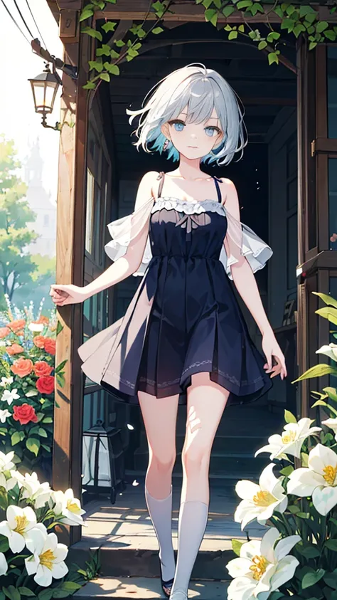 (​Masterpiece、top quality、revelation、extremely high quality、High level of image quality、extremely sensitive writing)Silver short hair age18 girl standing in beautiful garden、blue eyes、faint smile、She has a big bouquet of flowers、Cute traditional wear style...