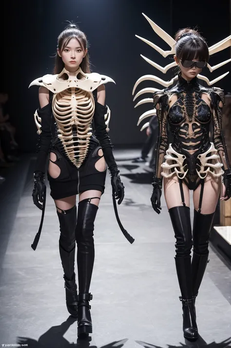 Biomechanical design Biomechanical design that mimics the shape and structure of living organisms。Dresses and accessories made from animal skeletons and insect exoskeletonoving parts and autonomously transforming costumes。The background is the Paris Fashio...