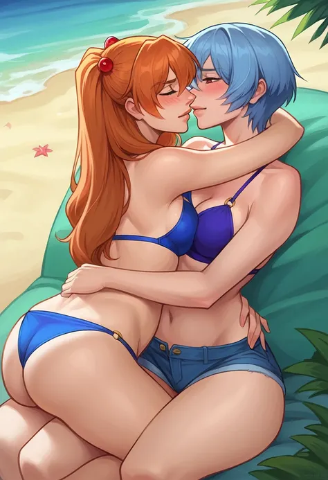 score_9, score_8_up, score_8_up, source_anime, (sequence, comic, 8-panel:1.3), 2girls, (Asuka Langley Soryu, orange hair, long flowing hair:1.0), (Rei Ayanami, blue hair, short bob hair:1.0), girlfriends, hair ornament, flowing hair, cleavage, bikini top, ...