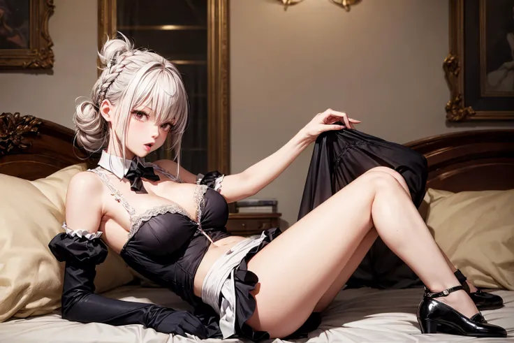 8K quality、High resolution、Sexy maid、Realistic skin texture、High resolutionの肌、、Grabbing the breast、Princess Hair、thin、Small and young breasts、Open the mouth to reveal a realistic tongue、Beautiful cleavage、Gray Hair、Thin legs、French Braid、、Full Body Shot、Mo...