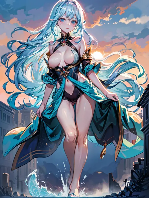 Zephyra, a 62 meter wind goddess, emerges from a tornado at dusk, her pale blue skin glowing with the rays of the sunset. Her long white hair falls in soft waves that seem to float around her.. Naked and radiant, standing in an open field, her posture is g...