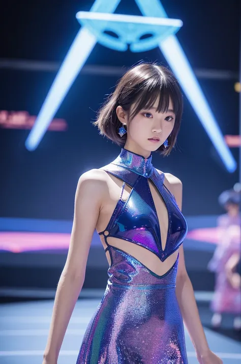 Augmented Reality and Holograms Augmented Reality（midair）and holographic fashion。midairグラスを通じて見える仮想衣装や、Dress design changes with holographic projection。Floating accessories and decorations。The background is the Paris Fashion Week runway。