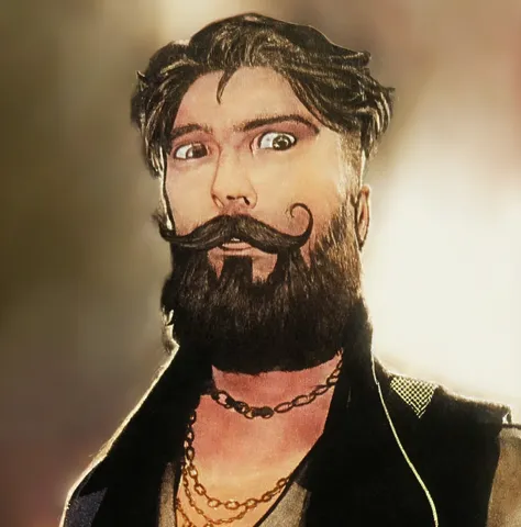 metal rocker man, hair faded sides, quiff, brown hair, big beard, handlebar moustache, brown eyes, chains necklace