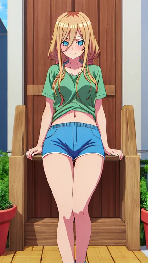 You can make a cute anime character with long blonde hair and green top and blue shorts. 