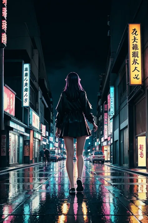 a woman walking down a street in the rain at night, lofi artstyle, lofi art, anime aesthetic, anime vibes, anime background art, japanese art style, anime style cityscape, tokyo anime scene, lo-fi art, anime art wallpaper 4 k, lo-fi illustration style, ani...