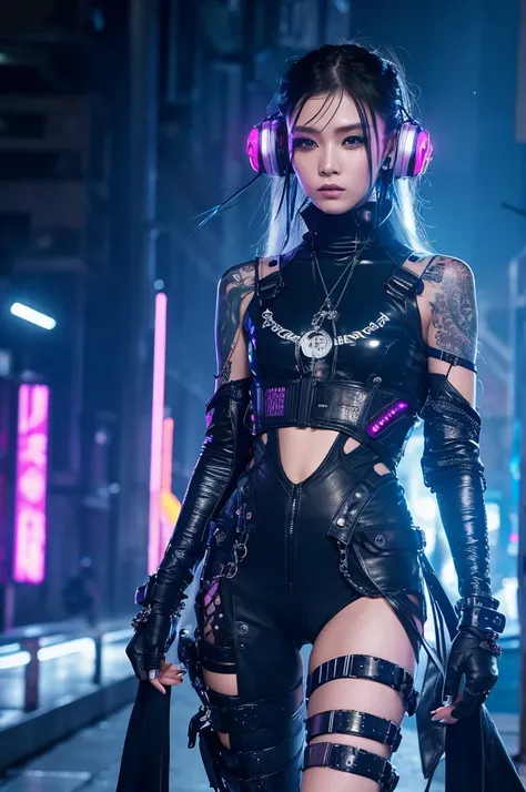 Cyberpunk Inspired Futuristic fashion with a cyberpunk aesthetic。Neon color、Metal decoration、Clothing that incorporates technology。Luminous tattoos and implant accessories。The background is the Paris Fashion Week runway。