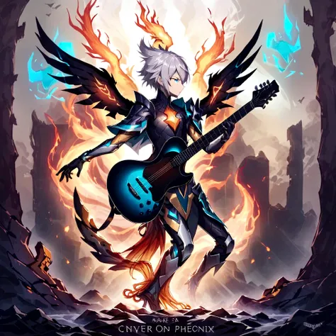 make a cover of a song, based on a human boy playing the guitar and surrounded by the energy of the phoenix