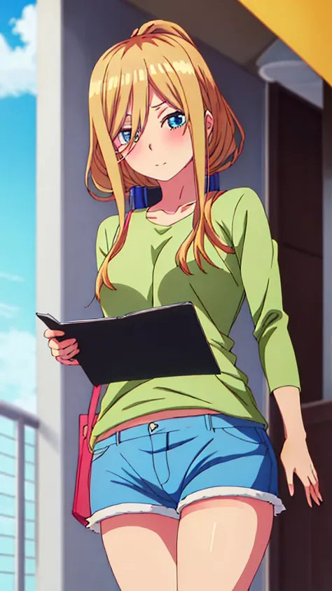 You can make a cute anime character with blonde hair and a green top and blue shorts and eyelashes 