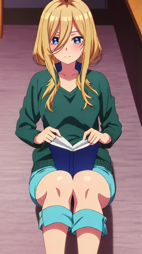 You can make a cute anime character with blonde hair and a green top and blue shorts and eyelashes 