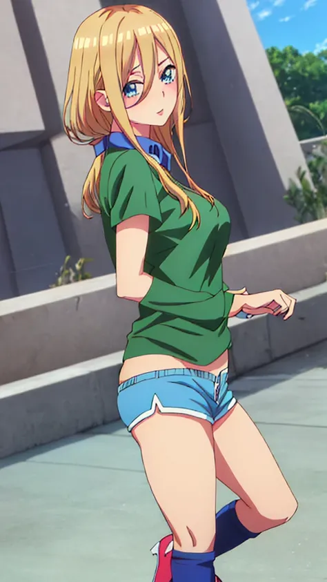 You can make a cute anime character with blonde hair and a green top and blue shorts and eyelashes 