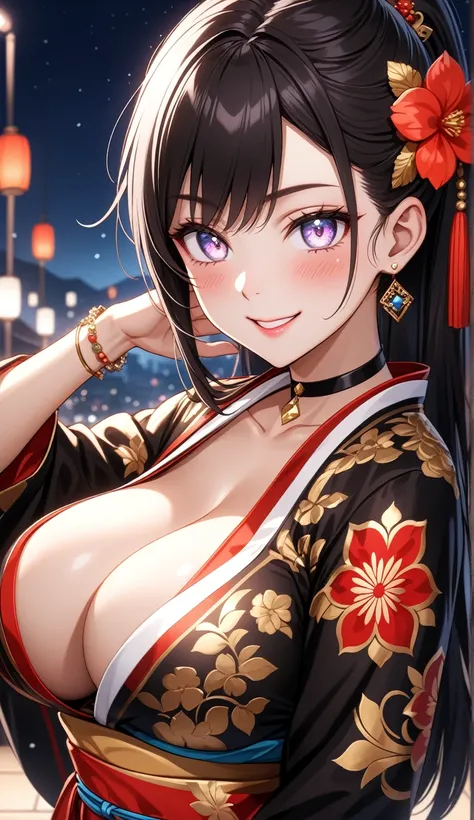 (One personの女性)), Beautiful Face, (Laughing embarrassedly), ((seductive smile:1.3)), ((Wink:2.1)), Laugh with your mouth wide open,((Bright red cheeks:1.4)),Shiny red lips, night,rooftop,Festivals, firework,Glossy red lips,Facial lighting,((Anime style bac...