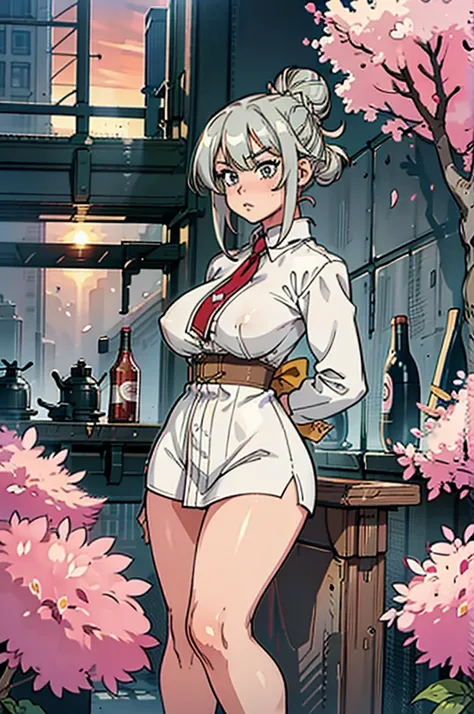 (masterpiece, best_quality, ultra-detailed, immaculate:1.3), epic, illustration, mountain dragoon lord , pauldrons, light slate gray hair with sunset highlights, Tri-Braided Bun,swept bangs, crossed ankles, in cherry blossom, mad scientists downtown Tokyo,...