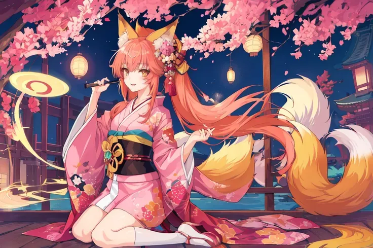 scg, 1girl, (anime:1.3), absurdly long hair, fox ears, fox tail, facepaint, makeup, yellowfox
kimono, japanese clothes, pink kimono
(best quality:1.05), (masterpiece:1.1025), (highres:1.05), (an extremely delicate and beautiful:1.05), original, extremely d...