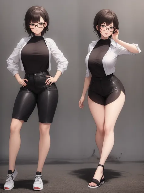 Concept art of anime character, young woman, 21 years old, white short hair, glasses, huge breasts, white fashion shirt, brown open sweater, leggings, full body, two poses, one dynamic pose,  one static pose