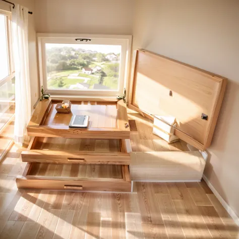 comfort room,white curtains,soft sunshine,linen floor coverings，textured，light filter，watch storage box,wood grain gloss,peacefu...