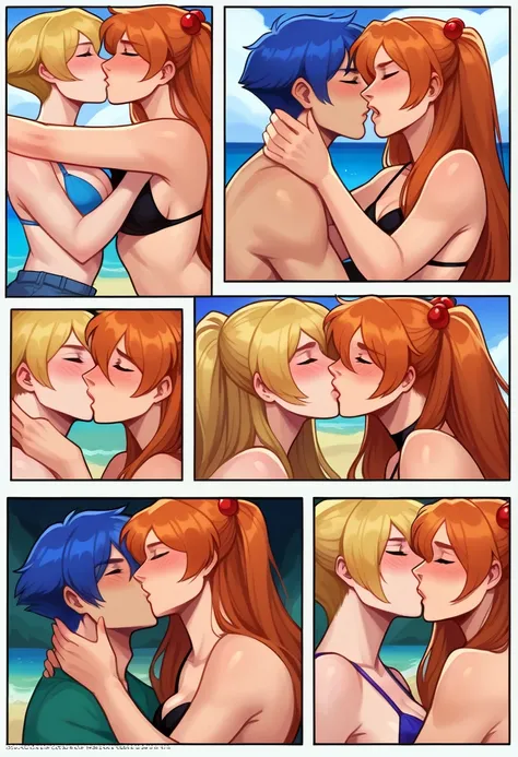 score_9, score_8_up, score_8_up, source_anime, (sequence, comic, 8-panel:1.3), 2girls, (Asuka Langley Soryu, orange hair, long flowing hair:1.0), (Rei Ayanami, blue hair, short bob hair:1.0), girlfriends, hair ornament, flowing hair, cleavage, bikini top, ...