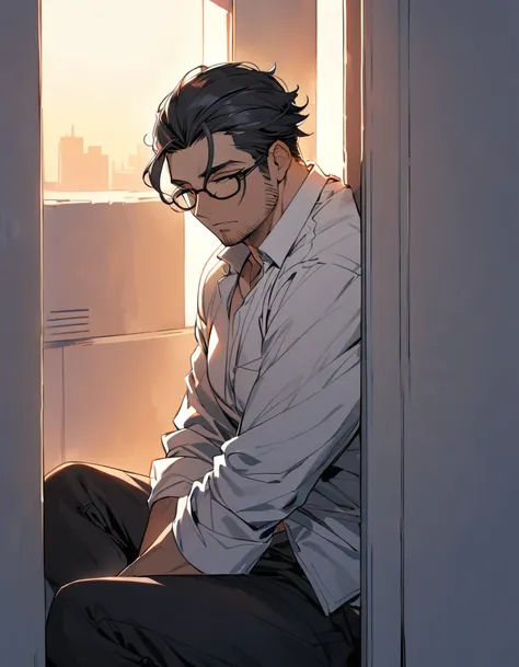 1male,solo,plump,black_hair,two-block_cut_hair,curly_hair,hair_slicked_back,black_eyewear,glasses,stubble, white_business_shirt,black_pants,bare_foots, In the corner of the apartment at dusk, where the western sun shines through, he sits leaning against th...