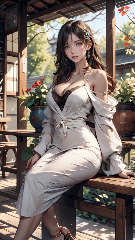 (Photorealism), (Highest quality, masterpiece, Full of details), Traditional Japanese wooden house、A 24-year-old woman sits on the veranda、Off-the-shoulder dress、Cleavage Emphasis、Sexy proportions、Sexy、Narrow waist and accessories on the wrists、Wear high h...