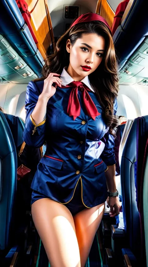 Sexy Stewardess (Air Stewardess) On the plane, with sexy tight fit and deep neckline. big breasts, Red lips, tied hair, typical flight attendant suit, tied to seat, huge butts
