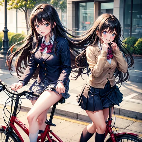 Couple on a bicycle date,A man and a woman riding on one bicycle、beautiful girl,smile、Beautiful girls,Best Quality,uniform,cardigan,blazer,uniformにリボン,Long hair horny girl,middle School girls,8K,perfection,