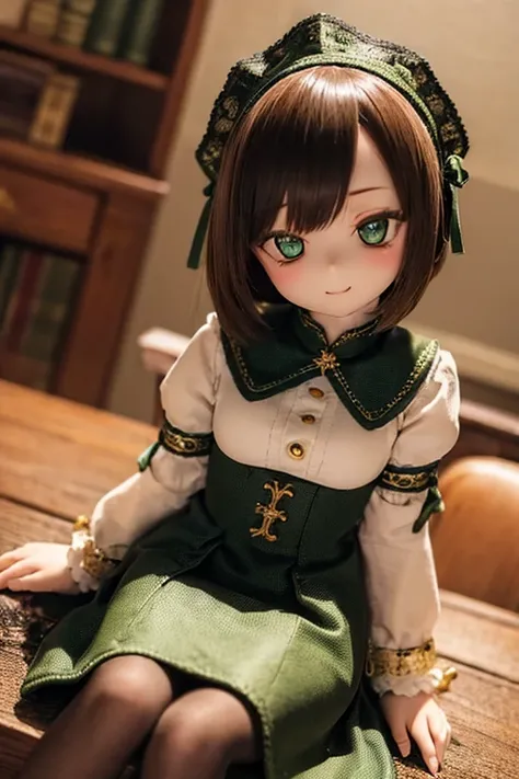 ((highest quality)), ((masterpiece)), (extremely detailed), kukolnydom, doll, mature woman, solo, eye level shot, sitting on desk, green eyes, (looking down, blank eyes:1.3), light smile, dress, castle, 8k