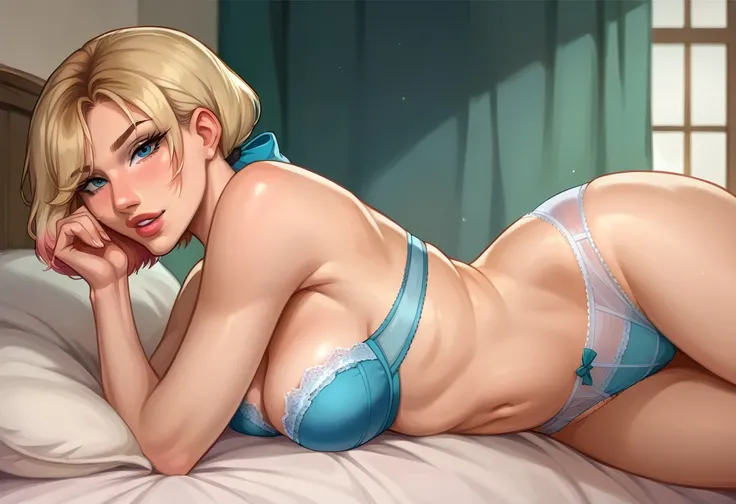 score_9, score_8_up, score_7_up, source_cartoon, BREAK 1girl, solo, short hair Gwen Stacy, looking at viewer, parted lips, bra and panties, mature woman, hair tie, hot, posing in her bedroom, model poses.