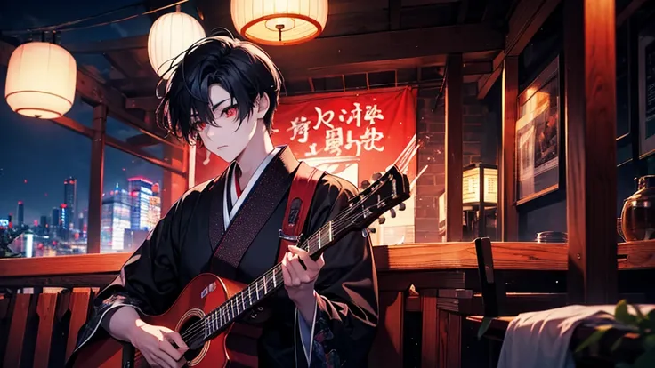 Japan male, 30 years old, Black Hair, short hair, Red eyes,Glowing Eyes Suit,((beef bowl)), night, ,high quality, Draw Amount, Pixiv illustration,Beautiful images,Perfect Pixiv,Sitting cross-legged、Acoustic guitar、In a completely different expression