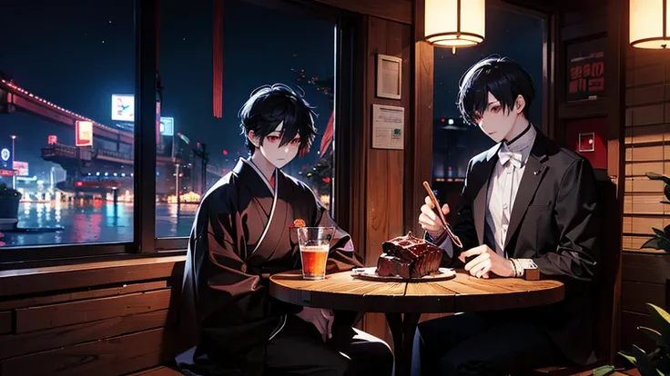 Japan male, 30 years old, Black Hair, short hair, Red eyes,Glowing Eyes Suit,((beef bowl)), night, ,high quality, Draw Amount, Pixiv illustration,Beautiful images,Perfect Pixiv,Sitting cross-legged、Acoustic guitar、In a completely different expression