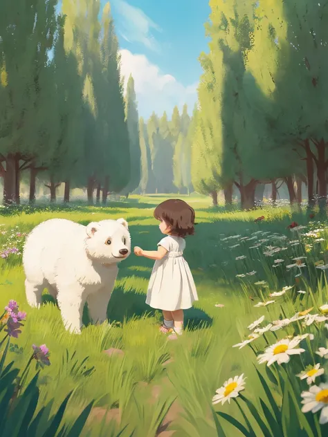 (A girl and a white bear，Play in the fields, cute white bear, Cute girls), Ghibli background style, Yuru Chara Style，Cute storybook illustrations, , 柔和light, cream, Giorgio Morandi colors, Thick Line Graph, Full color illustrations, Picnic in the forest, C...