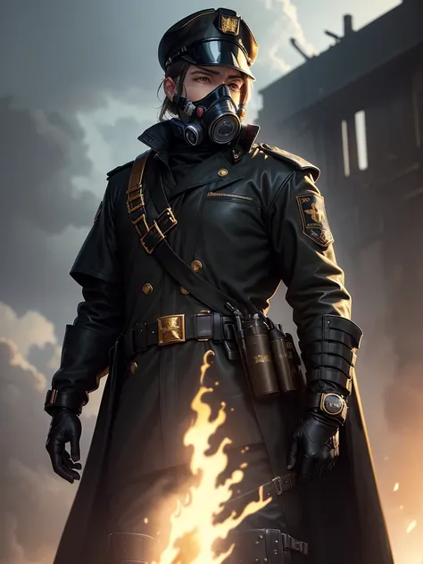 ((best quality)), ((masterpiece)), ((anime)), portrait of officer, wearing black trench coat, (gas mask:1.2) and (black captain cap:1.3), (golden shoulder straps: 1.2), black leather gloves, proud, tall, (epic pose) (sky in the background) (8k resolution:1...