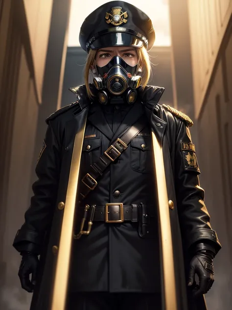 ((best quality)), ((masterpiece)), ((anime)), portrait of officer, wearing black trench coat, (gas mask:1.2) and (black captain cap:1.3), (golden shoulder straps: 1.2), black leather gloves, proud, tall, (epic pose) (sky in the background) (8k resolution:1...