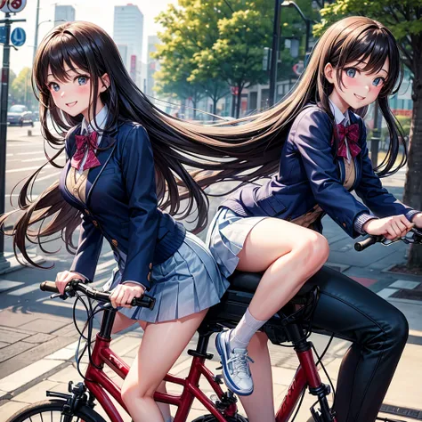 Couple on a bicycle date,A man and a woman riding on one bicycle、beautiful girl,smile、Beautiful girls,Best Quality,uniform,cardigan,blazer,uniformにリボン,Hugging from behind,Long hair horny girl,middle School girls,8K,perfection,