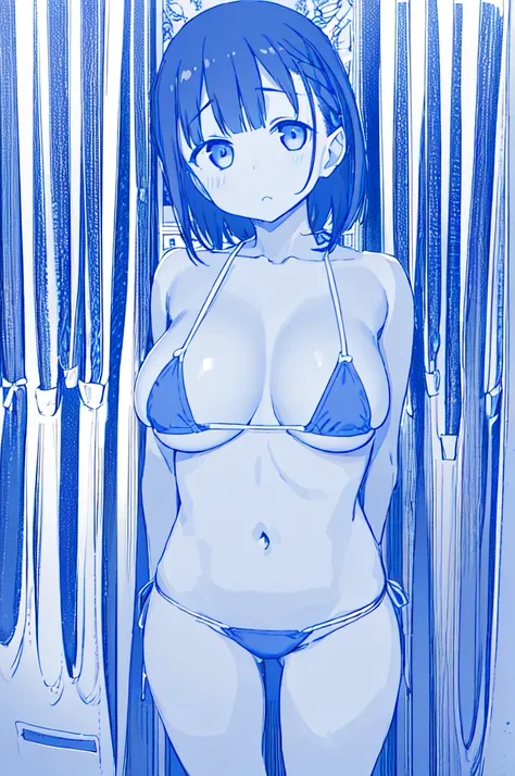 masterpiece, highest quality, (1girl), (solo), (chest focus), ((cute eyes)), aichan, blue eyes, brown hair, short hair, side braid, braid, hair ornament, hairclip, ((micro bikini)), looking at the viewer, (Embarrassing), (((monochrome))), blue line, huge c...