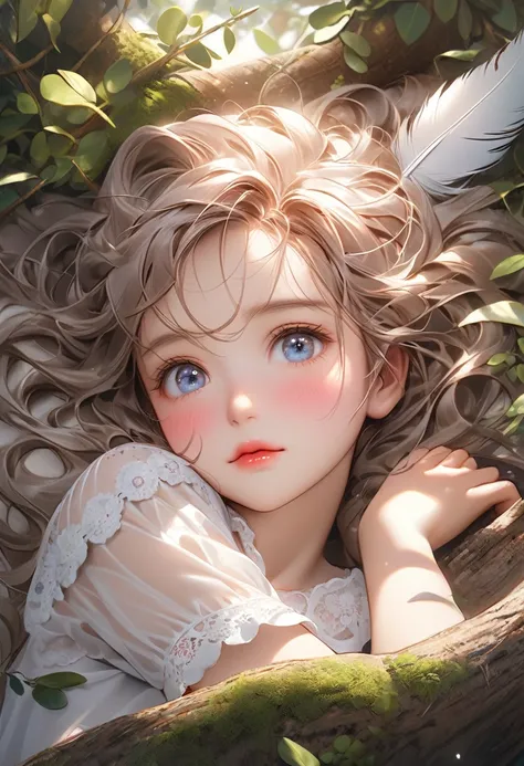 Fantasic Illustration, Masterpiece: 1.2, Highest Quality, Highres, 16k, Beautiful Detailed, Ultra-Realistic, Photo Realistic: 1.37, beautiful and cute girl,  wearing feathers:1.3, buried in feathers:1.2, lying down in the covered with feathers shade of a t...