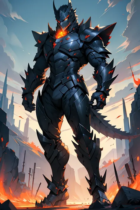 Original Kaiju armor form of a human, sharp, obsidian-like plates that overlap like armor, Elongated and somewhat reptilian head, with a pronounced crest of jagged obsidian spikes running from the forehead to the back of the neck. Four glowing, amber eyes ...