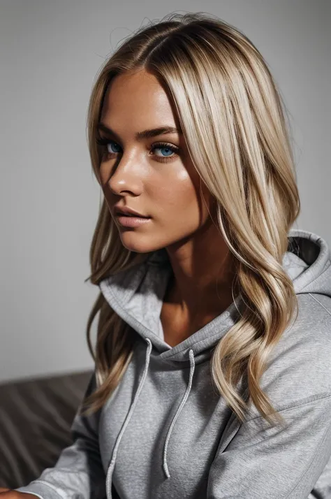 photorealistic, best quality, hyper detailed, beautiful woman with natural dirty blonde hair, photo, full body, solo, wearing a black under armour hoodie and white sweatpants,(comfortable), skin texture, film grain, close up, ultra high res, best shadow, R...