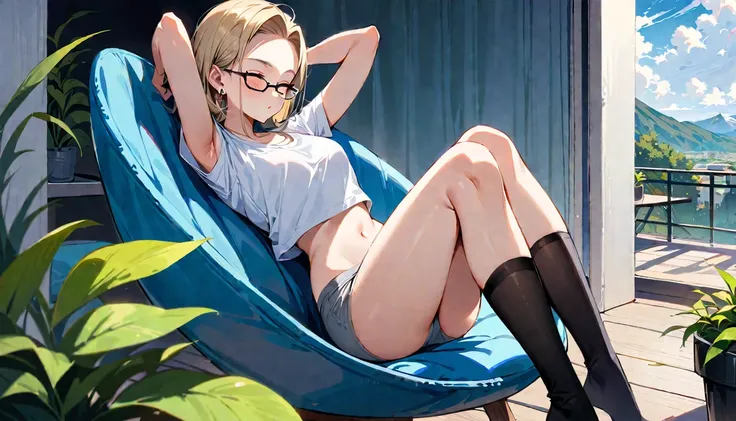 (masterpiece, best quality:1.2), solo, Android 18 from Dragon Ball, ((light gray baggy crop T-shirt, short sleeve, black thin thigh highs, knees up, beautiful butt, gray panties)), small breasts, short blonde hair loose, ((close eyes)), (wearing glasses), ...