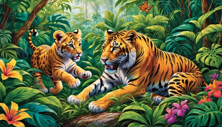 A majestic lion, a fierce tiger, and a graceful leopard cub frolic in a lush jungle, their playful energy captured in vibrant colors and intricate details.