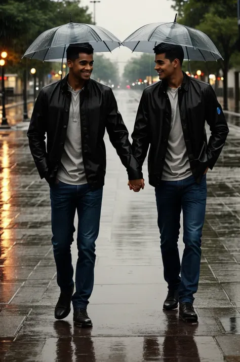 two boys (man and man) holding hands in the rain 