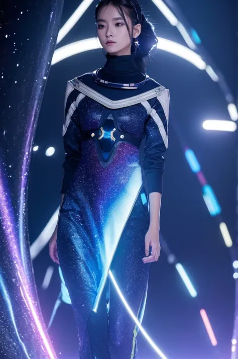 Intergalactic Couture: Futuristic space-themed fashion。Costumes incorporating galactic patterns and nebula colors、Glowing stars々Accessories inspired by。An elegant design inspired by astronaut suits。The background is the gorgeous runway of Paris Fashion Wee...