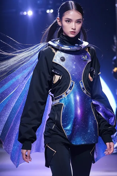 Intergalactic Couture: Futuristic space-themed fashion。Costumes incorporating galactic patterns and nebula colors、Glowing stars々Accessories inspired by。An elegant design inspired by astronaut suits。The background is the gorgeous runway of Paris Fashion Wee...