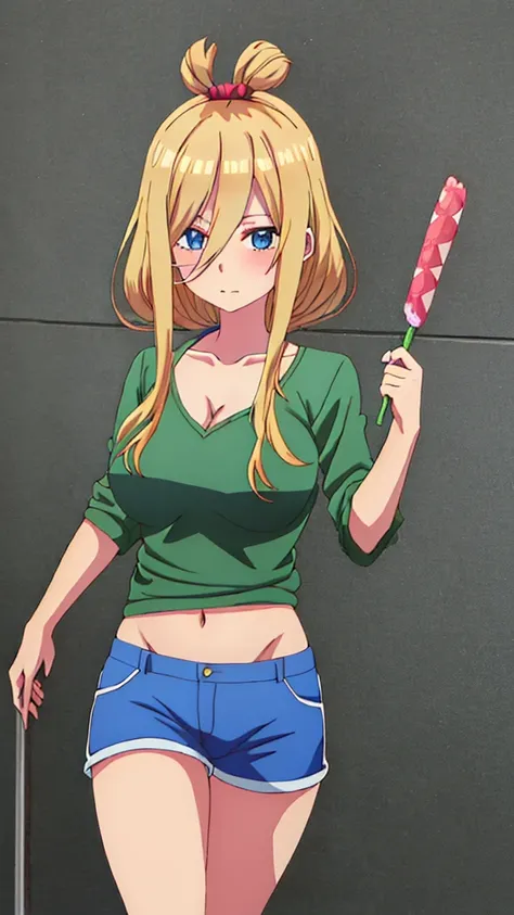 You can make an anime character has blonde hair, green top and blue shorts and big tits. 