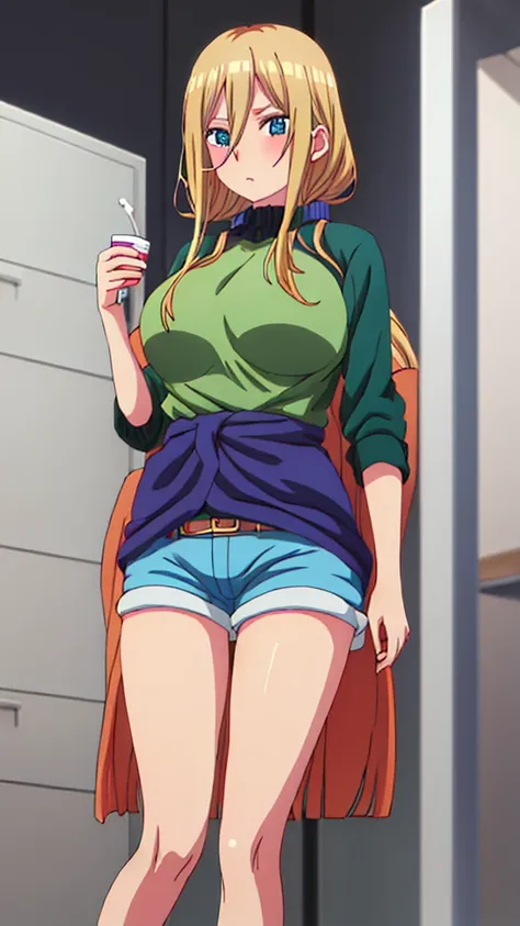 You can make an anime character has blonde hair, green top and blue shorts and big tits. 